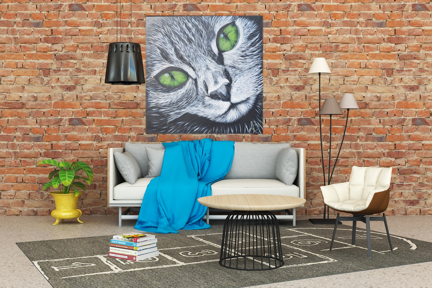 Péridot – Œuvre féline en noir et blanc avec des yeux verts éclatants (30" x 30")