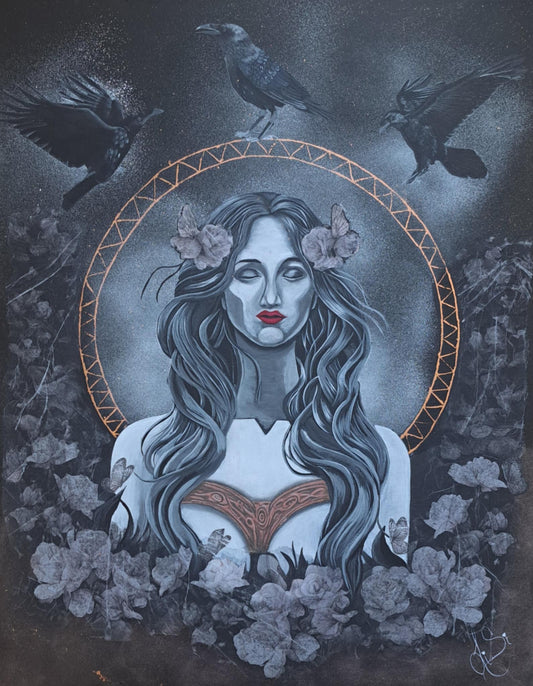 Hécate, Gardienne des Brumes - Peinture onirique et mystique aux corbeaux noirs