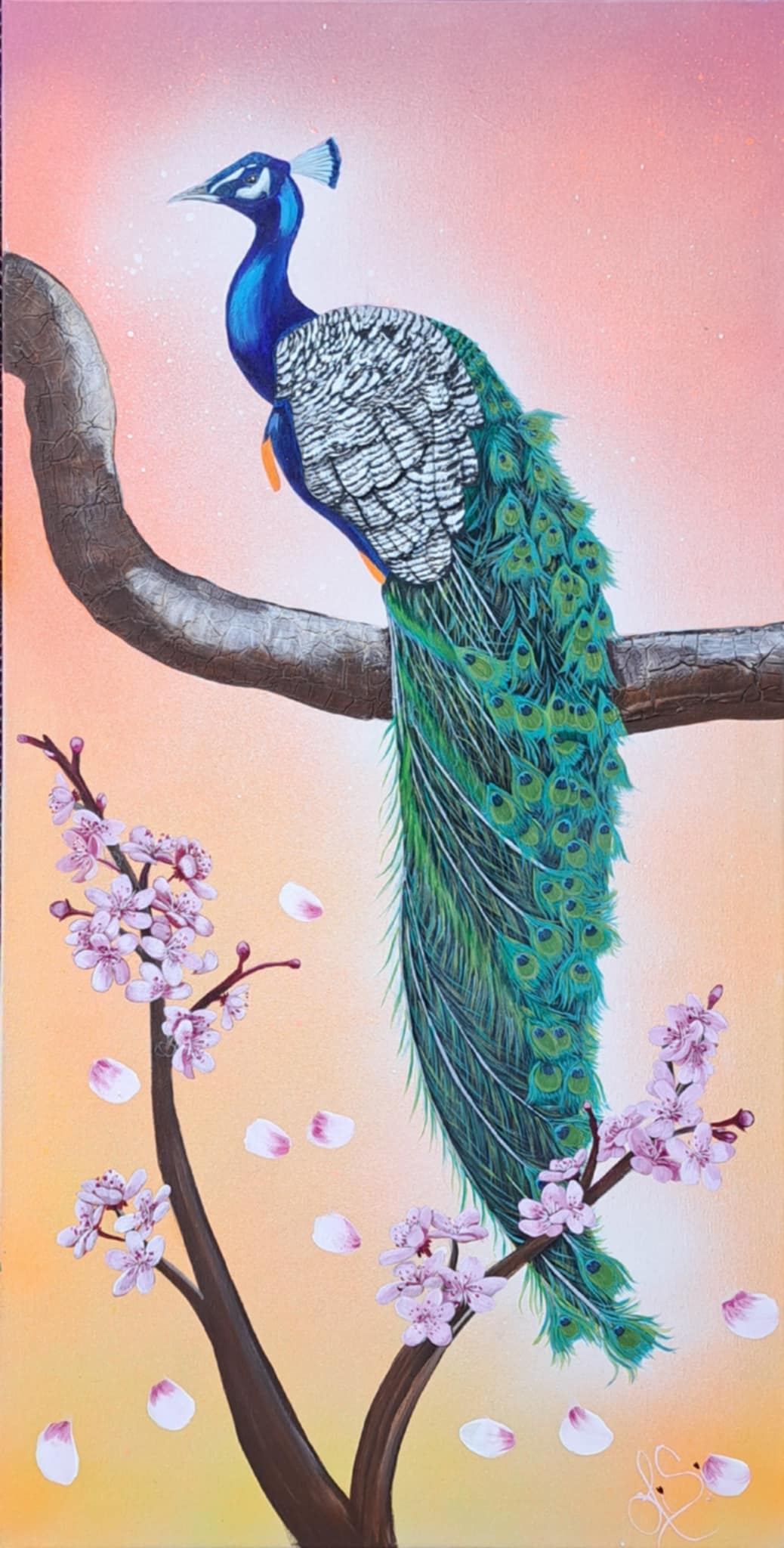 En attendant sa belle – Tableau Paon Majestueux, Œuvre Peinture Acrylique sur Toile 18x36 pouces