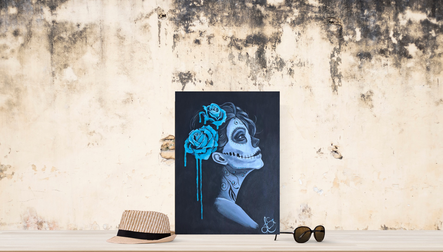 Espoir – Oeuvre Tête de Mort Féminine, Peinture Acrylique Inspirée du Día de los Muertos