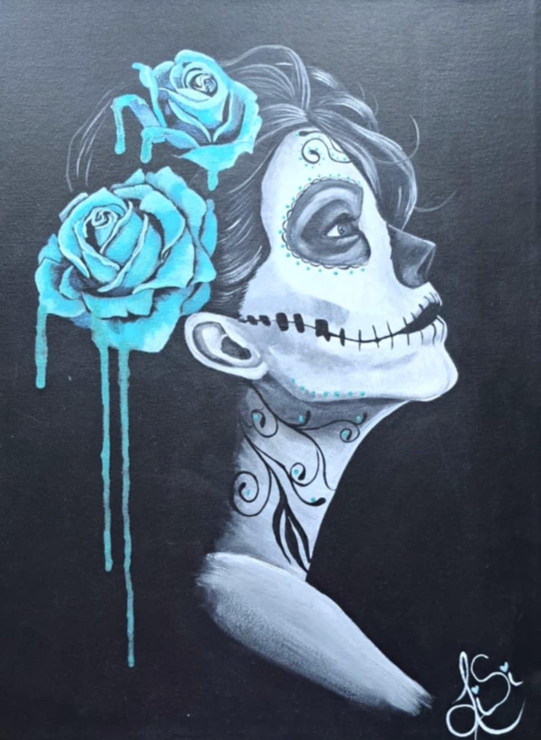 Espoir – Oeuvre Tête de Mort Féminine, Peinture Acrylique Inspirée du Día de los Muertos