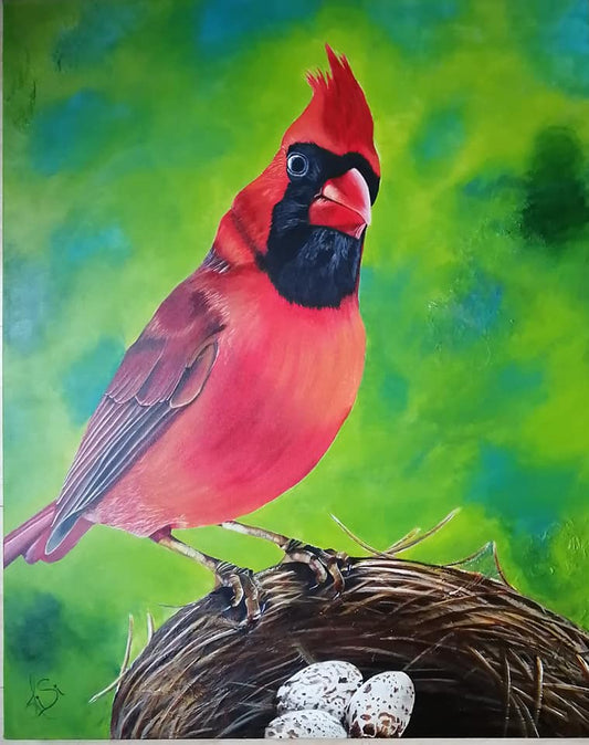Touche pas à mes œufs! – Un cardinal protecteur dans une œuvre en relief captivante