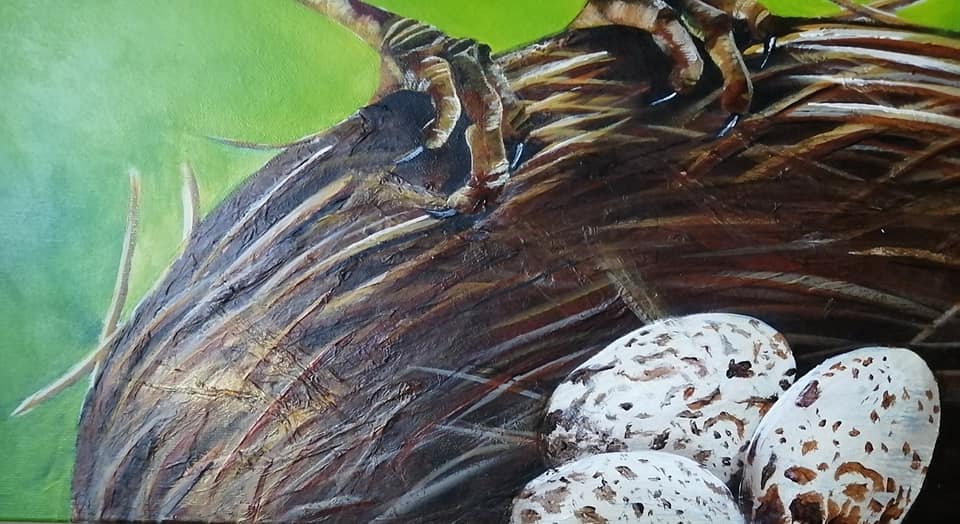 Touche pas à mes œufs! – Un cardinal protecteur dans une œuvre en relief captivante